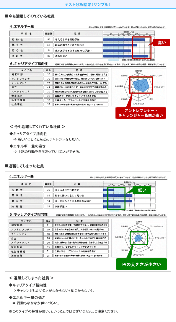 3Eテスト <今も活躍してくれている社員>■キャリアタイプ指向性 ⇒新しいことにどんどんチャレンジをしたい。 ■エネルギー量の高さ ⇒上記の行動を自ら取っていくことができる。 ■退職してしまった社員の特徴 <退職してしまった社員> ■キャリアタイプ指向性 ⇒チャレンジしたいことがわからない(見つからない)。 ■エネルギー量の低さ ⇒行動もなかなか伴いづらい。 ※このタイプの特性が悪い、ということではございません。ご注意ください。