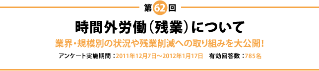第62回「時間外労働(残業)について」業界・規模別の状況や残業削減への取り組みを大公開!(実施期間:2011年12月7日~2012年1月17日、有効回答数:785名)