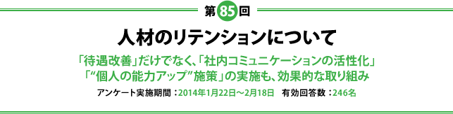 第85回 人材のリテンションについて:「待遇改善」だけでなく、「社内コミュニケーションの活性化」「“個人の能力アップ”施策」の実施も、効果的な取り組み アンケート実施期間:2014年1月22日~2月18日 有効回答数:246名